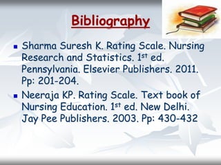 Bibliography
 Sharma Suresh K. Rating Scale. Nursing
Research and Statistics. 1st ed.
Pennsylvania. Elsevier Publishers. 2011.
Pp: 201-204.
 Neeraja KP. Rating Scale. Text book of
Nursing Education. 1st ed. New Delhi.
Jay Pee Publishers. 2003. Pp: 430-432
 