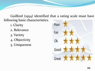 Guilford (1954) identified that a rating scale must have
following basic characteristics.
1. Clarity
2. Relevance
3. Variety
4. Objectivity
5. Uniqueness
10
 