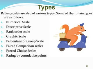 Types
Rating scales are also of various types. Some of their main types
are as follows.
1. Numerical Scale
2. Descriptive Scale
3. Rank order scale
4. Graphic Scale
5. Percentage of Group Scale
6. Paired Comparison scales
7. Forced Choice Scales
8. Rating by cumulative points.
11
 