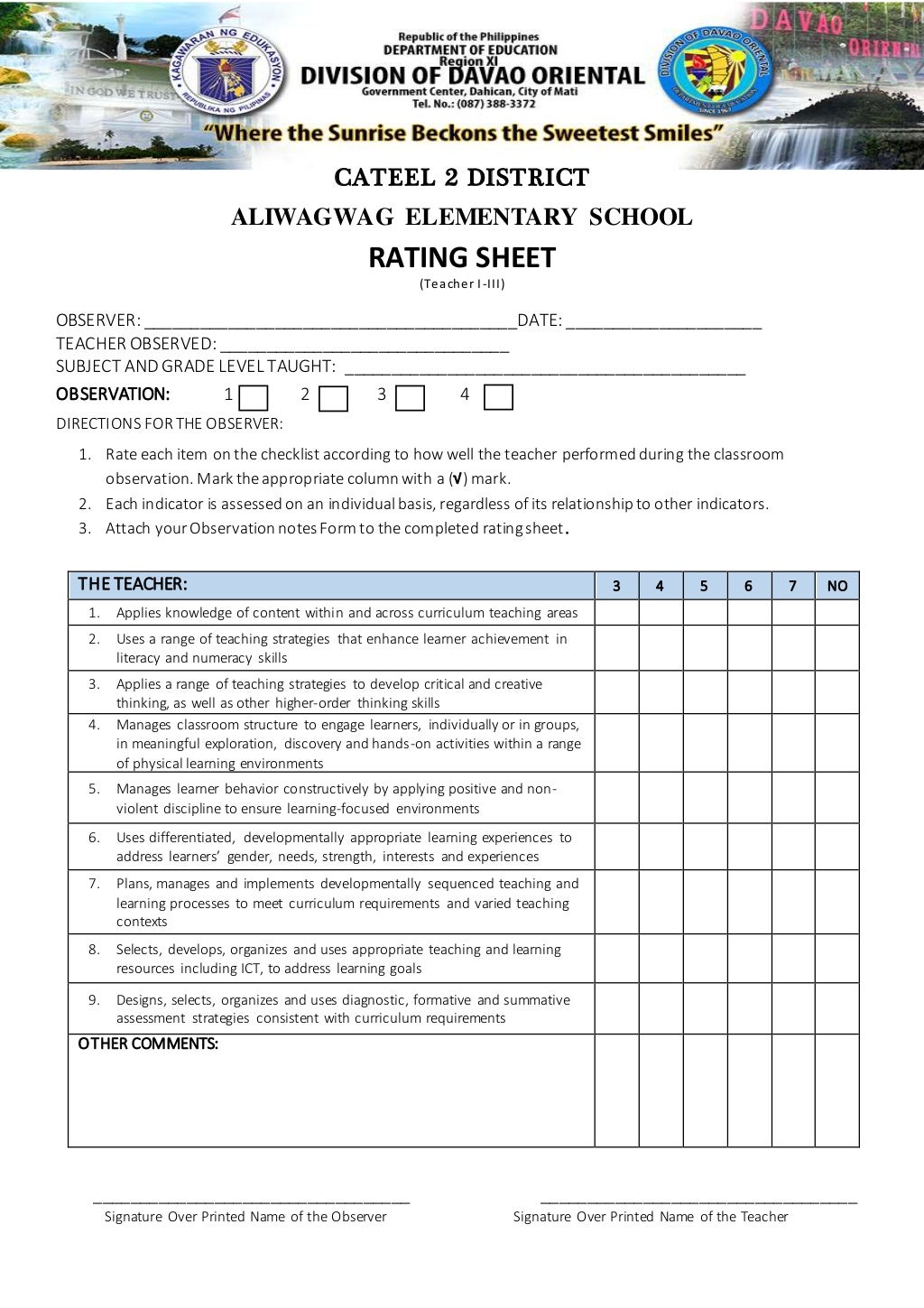 Rating sheet for teachers