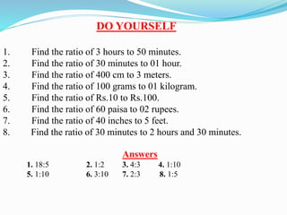 DO YOURSELF
1. Find the ratio of 3 hours to 50 minutes.
2. Find the ratio of 30 minutes to 01 hour.
3. Find the ratio of 400 cm to 3 meters.
4. Find the ratio of 100 grams to 01 kilogram.
5. Find the ratio of Rs.10 to Rs.100.
6. Find the ratio of 60 paisa to 02 rupees.
7. Find the ratio of 40 inches to 5 feet.
8. Find the ratio of 30 minutes to 2 hours and 30 minutes.
Answers
1. 18:5 2. 1:2 3. 4:3 4. 1:10
5. 1:10 6. 3:10 7. 2:3 8. 1:5
 