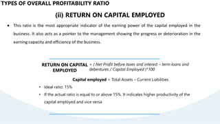 (ii) RETURN ON CAPITAL EMPLOYED
 This ratio is the most appropriate indicator of the earning power of the capital employed in the
business. It also acts as a pointer to the management showing the progress or deterioration in the
earning capacity and efficiency of the business.
RETURN ON CAPITAL
EMPLOYED
= ( Net Profit before taxes and interest – term loans and
debentures / Capital Employed )*100
Capital employed = Total Assets – Current Liabilities
• Ideal ratio: 15%
• If the actual ratio is equal to or above 15%. It indicates higher productivity of the
capital employed and vice versa
TYPES OF OVERALL PROFITABILITY RATIO
 