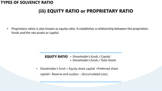 (iii) EQUITY RATIO or PROPRIETARY RATIO
• Proprietary ratios is also known as equity ratio. It establishes a relationship between the proprietors
funds and the net assets or capital.
EQUITY RATIO = Shareholder’s funds / Capital
= Shareholder’s funds / Total Assets
• Shareholder’s fund = Equity share capital +Preferred share
capital+ Reserve and surplus – (Accumulated Loss)
TYPES OF SOLVENCY RATIO
 
