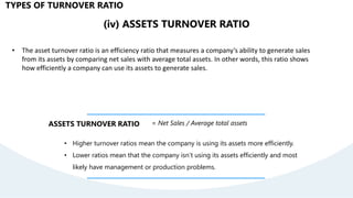 (iv) ASSETS TURNOVER RATIO
• The asset turnover ratio is an efficiency ratio that measures a company’s ability to generate sales
from its assets by comparing net sales with average total assets. In other words, this ratio shows
how efficiently a company can use its assets to generate sales.
ASSETS TURNOVER RATIO = Net Sales / Average total assets
• Higher turnover ratios mean the company is using its assets more efficiently.
• Lower ratios mean that the company isn’t using its assets efficiently and most
likely have management or production problems.
TYPES OF TURNOVER RATIO
 