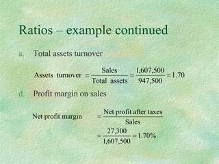 Ratios – example continued Total assets turnover Profit margin on sales 