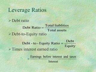 Leverage Ratios Debt ratio Debt-to-Equity ratio Times interest earned ratio   