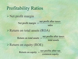 Profitability Ratios Net profit margin Return on total assets (ROA)   Return on equity (ROE) 