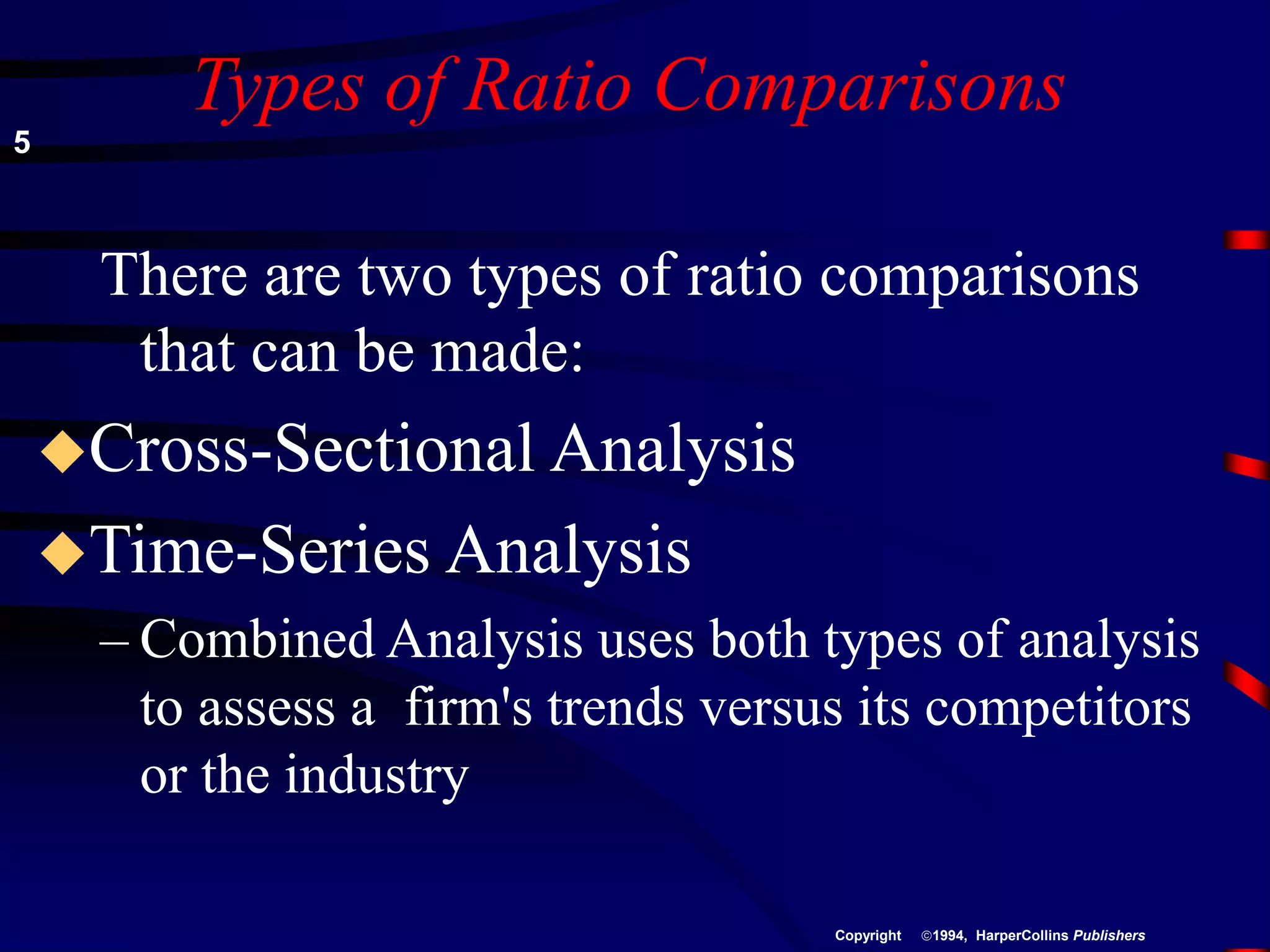 Types of Ratio Comparisons
There are two types of ratio comparisons
that can be made:
Cross-Sectional Analysis
Time-Series Analysis
– Combined Analysis uses both types of analysis
to assess a firm's trends versus its competitors
or the industry
5
1994, HarperCollins Publishers
Copyright
 