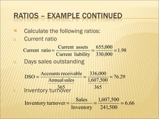 Calculate the following ratios: Current ratio  Days sales outstanding Inventory turnover 