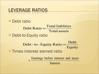 Debt ratio Debt-to-Equity ratio Times interest earned ratio   