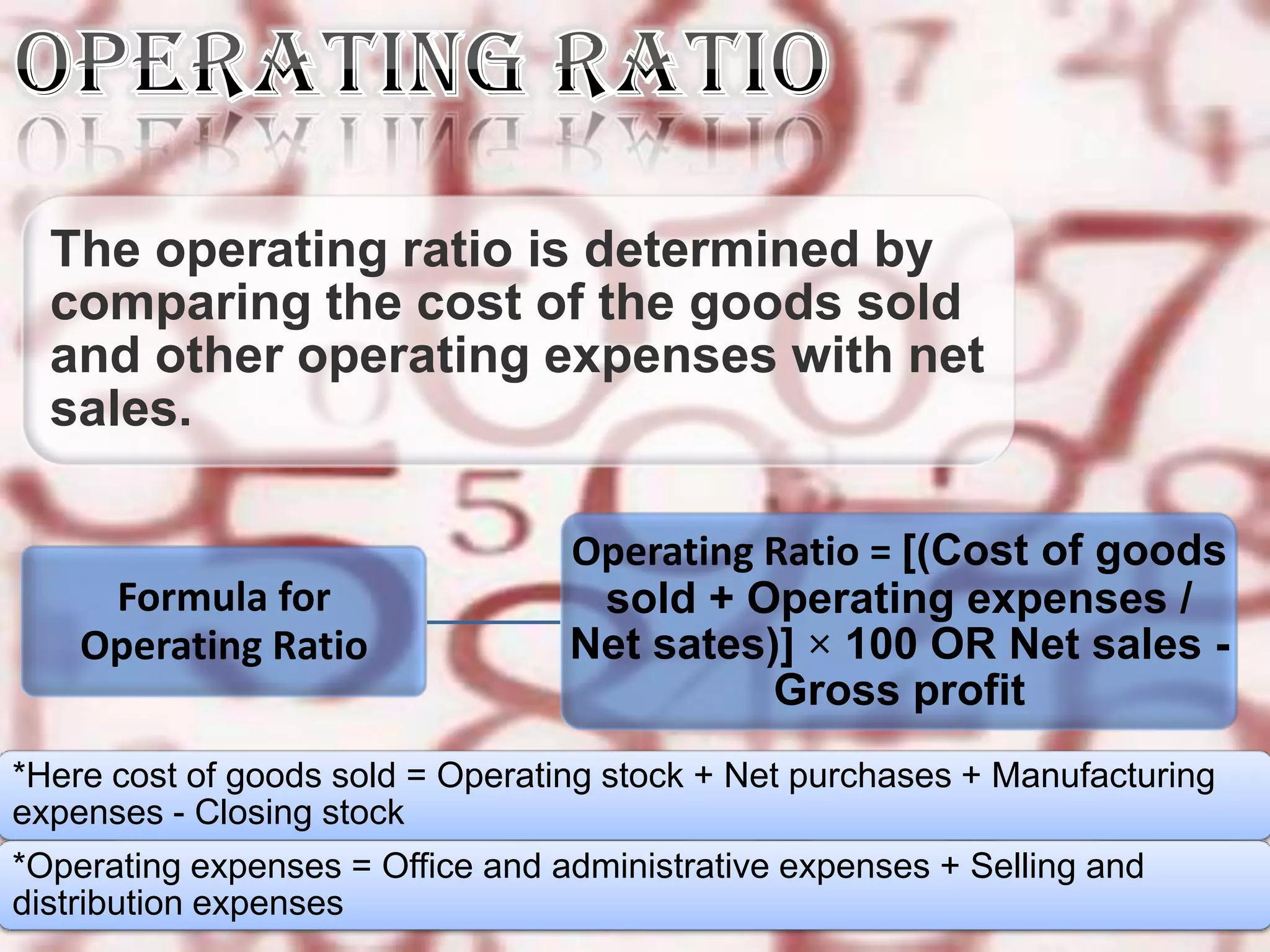 The operating ratio is determined by
  comparing the cost of the goods sold
  and other operating expenses with net
  sales.

                                  Operating Ratio = [(Cost of goods
     Formula for                   sold + Operating expenses /
    Operating Ratio               Net sates)] × 100 OR Net sales -
                                            Gross profit
*Here cost of goods sold = Operating stock + Net purchases + Manufacturing
expenses - Closing stock
*Operating expenses = Office and administrative expenses + Selling and
distribution expenses
 