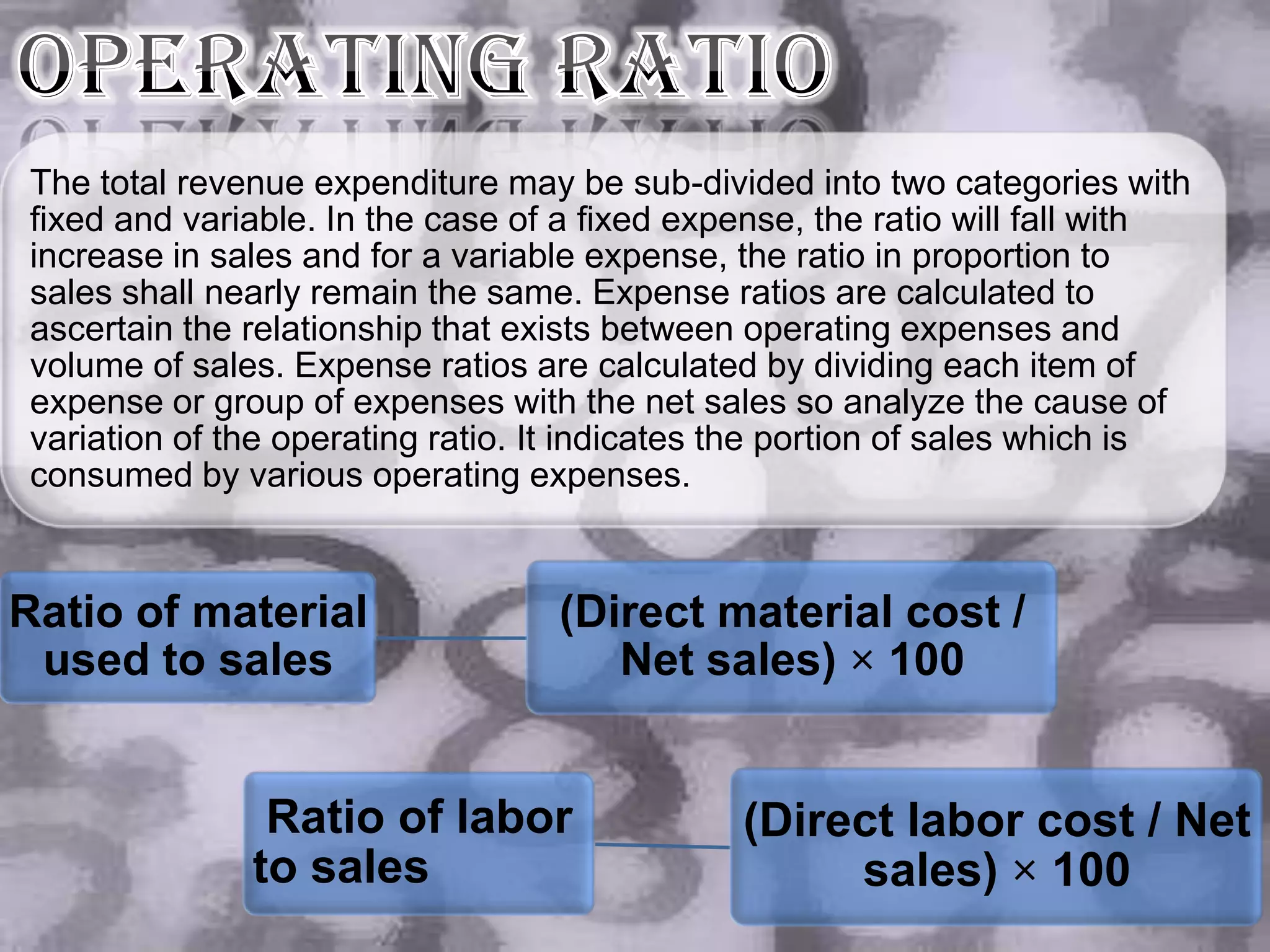 The total revenue expenditure may be sub-divided into two categories with
 fixed and variable. In the case of a fixed expense, the ratio will fall with
 increase in sales and for a variable expense, the ratio in proportion to
 sales shall nearly remain the same. Expense ratios are calculated to
 ascertain the relationship that exists between operating expenses and
 volume of sales. Expense ratios are calculated by dividing each item of
 expense or group of expenses with the net sales so analyze the cause of
 variation of the operating ratio. It indicates the portion of sales which is
 consumed by various operating expenses.


Ratio of material                  (Direct material cost /
 used to sales                        Net sales) × 100


                Ratio of labor                 (Direct labor cost / Net
               to sales                             sales) × 100
 