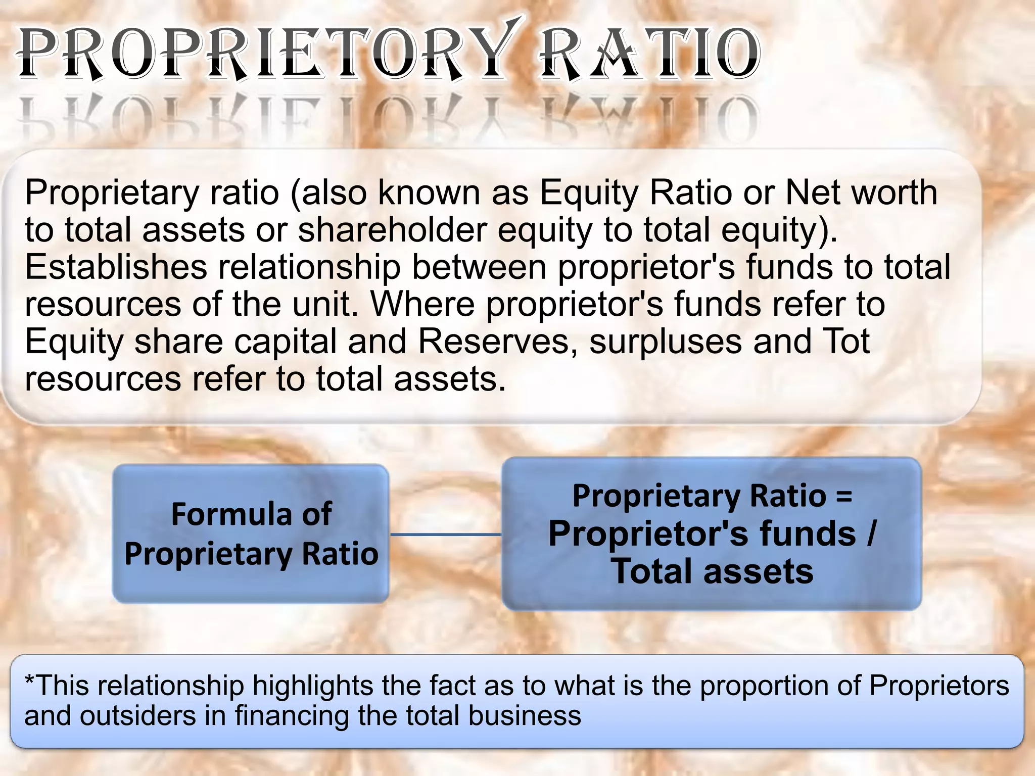 Proprietary ratio (also known as Equity Ratio or Net worth
to total assets or shareholder equity to total equity).
Establishes relationship between proprietor's funds to total
resources of the unit. Where proprietor's funds refer to
Equity share capital and Reserves, surpluses and Tot
resources refer to total assets.


                                            Proprietary Ratio =
           Formula of
                                           Proprietor's funds /
        Proprietary Ratio
                                              Total assets


*This relationship highlights the fact as to what is the proportion of Proprietors
and outsiders in financing the total business
 