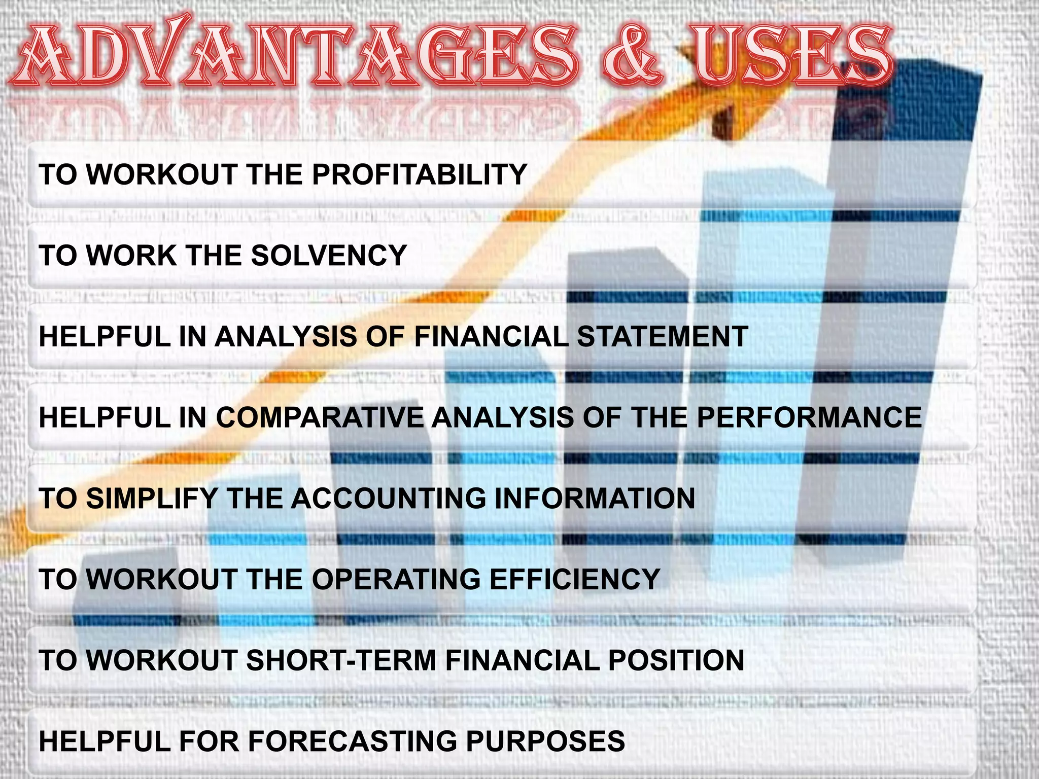 TO WORKOUT THE PROFITABILITY

TO WORK THE SOLVENCY

HELPFUL IN ANALYSIS OF FINANCIAL STATEMENT

HELPFUL IN COMPARATIVE ANALYSIS OF THE PERFORMANCE

TO SIMPLIFY THE ACCOUNTING INFORMATION

TO WORKOUT THE OPERATING EFFICIENCY

TO WORKOUT SHORT-TERM FINANCIAL POSITION

HELPFUL FOR FORECASTING PURPOSES
 