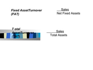 Fixed AssetTurnover         Sales
(FAT)                     Net Fixed Assets




T otal
AssetTurnover             Sales
(TAT)                 Total Assets
 