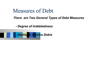 Measures of Debt
There are Two General Types of Debt Measures

 - Degree of Indebtedness

  -Ability to Service Debts
 