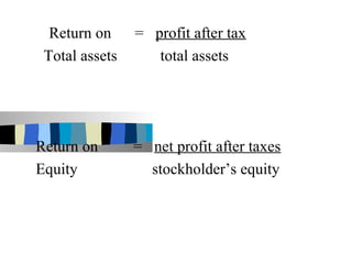 Return on     = profit after tax
 Total assets      total assets




Return on       = net profit after taxes
Equity            stockholder’s equity
 