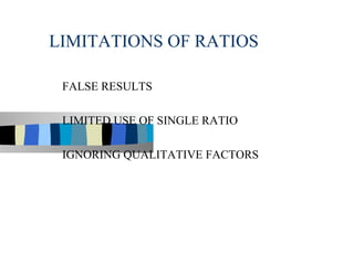 LIMITATIONS OF RATIOS

 FALSE RESULTS

 LIMITED USE OF SINGLE RATIO

 IGNORING QUALITATIVE FACTORS
 