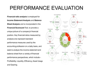 PERFORMANCE EVALUATION Financial ratio analysis is employed for Income Statement Analysis and Balance Sheet Analysis and is incorporated in the Financial Scorecard Tool, to provide a unique picture of a company's financial position. Key financial ratios measured by analysis-one represent standard performance measures used by the accounting profession on a daily basis, and seek to analyze the income statement and balance sheet from a variety of financial performance perspectives, which include - Profitability, Liquidity, Efficiency, Asset Usage and Gearing.  