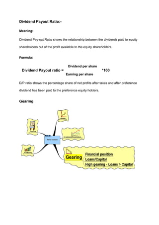 Dividend Payout Ratio:-
Meaning:
Dividend Pay-out Ratio shows the relationship between the dividends paid to equity
shareholders out of the profit available to the equity shareholders.
Formula:
Dividend per share
Dividend Payout ratio = *100
Earning per share
D/P ratio shows the percentage share of net profits after taxes and after preference
dividend has been paid to the preference equity holders.
Gearing
 