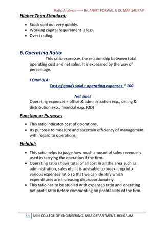 Ratio Analysis------ By: ANKIT PORWAL & KUMAR SAURAV
11 JAIN COLLEGE OF ENGINEERING, MBA DEPARTMENT. BELGAUM
Higher Than Standard:
 Stock sold out very quickly.
 Working capital requirement is less.
 Over trading.
6.Operating Ratio
This ratio expresses the relationship between total
operating cost and net sales. It is expressed by the way of
percentage.
FORMULA:
Cost of goods sold + operating expenses * 100
Net sales
Operating expenses = office & administration exp., selling &
distribution exp., financial exp. (OD)
Function or Purpose:
 This ratio indicates cost of operations.
 Its purpose to measure and ascertain efficiency of management
with regard to operations.
Helpful:
 This ratio helps to judge how much amount of sales revenue is
used in carrying the operation if the firm.
 Operating ratio shows total of all cost in all the area such as
administration, sales etc. It is advisable to break it up into
various expenses ratio so that we can identify which
expenditures are increasing disproportionately.
 This ratio has to be studied with expenses ratio and operating
net profit ratio before commenting on profitability of the firm.
 