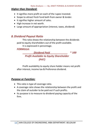 Ratio Analysis------ By: ANKIT PORWAL & KUMAR SAURAV
13 JAIN COLLEGE OF ENGINEERING, MBA DEPARTMENT. BELGAUM
Higher than Standard:
 It signifies more profit on each of the rupee invested.
 Scope to attract fresh fund both from owner & lender.
 It signifies higher amount of sales.
 High increase in net worth.
 Large amount of appropriation (interest, taxes, dividend)
8.Dividend Payout Ratio
This ratio shows the relationship between the dividends
paid to equity shareholders out of the profit available.
It is expressed in percentage.
FORMULA:
Dividend Paid * 100
Profit Available to Equity Shareholder
(PAT)
Profit availability to equity share holder means net profit
after interest, income tax & Preference dividend.
Purpose or Function:
 This ratio is type of coverage ratio.
 A coverage ratio shows the relationship between the profit and
the claim of outsider to be paid out if such profits.
 Its purpose is to measure to dividend paying capacity of the
firm.
 