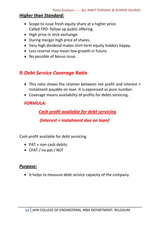 Ratio Analysis------ By: ANKIT PORWAL & KUMAR SAURAV
14 JAIN COLLEGE OF ENGINEERING, MBA DEPARTMENT. BELGAUM
Higher than Standard:
 Scope to issue fresh equity share at a higher price.
Called FPO: follow up public offering.
 High price in stick exchange.
 During merger high price of shares.
 Very high dividend makes shirt term equity holders happy.
 Less reserve may mean low growth in future.
 No possible of bonus issue.
9.Debt Service Coverage Ratio
 This ratio shows the relation between net profit and interest +
instalment payable on loan. It is expressed as pure number.
 Coverage means availability of profits for debts servicing.
FORMULA:
Cash profit available for debt servicing
(Interest + instalment due on loan)
Cash profit available for debt servicing
 PAT + non cash debits
 CFAT / no pat / NCF
Purpose:
 It helps to measure debt service capacity of the company.
 