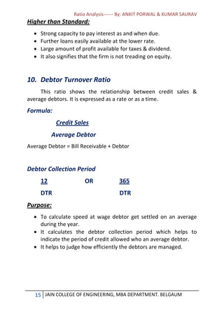 Ratio Analysis------ By: ANKIT PORWAL & KUMAR SAURAV
15 JAIN COLLEGE OF ENGINEERING, MBA DEPARTMENT. BELGAUM
Higher than Standard:
 Strong capacity to pay interest as and when due.
 Further loans easily available at the lower rate.
 Large amount of profit available for taxes & dividend.
 It also signifies that the firm is not treading on equity.
10. Debtor Turnover Ratio
This ratio shows the relationship between credit sales &
average debtors. It is expressed as a rate or as a time.
Formula:
Credit Sales
Average Debtor
Average Debtor = Bill Receivable + Debtor
Debtor Collection Period
12 OR 365
DTR DTR
Purpose:
 To calculate speed at wage debtor get settled on an average
during the year.
 It calculates the debtor collection period which helps to
indicate the period of credit allowed who an average debtor.
 It helps to judge how efficiently the debtors are managed.
 