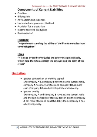 Ratio Analysis------ By: ANKIT PORWAL & KUMAR SAURAV
5 JAIN COLLEGE OF ENGINEERING, MBA DEPARTMENT. BELGAUM
Components of Current Liabilities
 Creditors
 Bill payable
 Any outstanding expenses
 Unclaimed and proposed dividend
 Provision for any taxation
 Income received in advance
 Bank overdraft
Purpose
“Help to understanding the ability of the firm to meet its short
term obligation”
Uses
“It is used by creditor to judge the safety margin available,
which help them to ascertain the amount and the term of the
credit”
Limitation
 Ignores comparison of working capital
EX: company A & company B have the same current ratio,
company A has more of stock and company B has more
cash. Company B has a better liquidity and solvency.
 Ignores quality
EX: company A and company B have a same current ratio
and the same amount of stock & debtor, but the company
A has more stock and doubtful debts than company B has
a better liquidity.
 