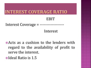 EBIT
Interest Coverage = ------------------
Interest
Acts as a cushion to the lenders with
regard to the availability of ...
