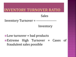 Sales
Inventory Turnover = ------------------
Inventory
Low turnover = bad products
Extreme High Turnover = Cases of
fra...