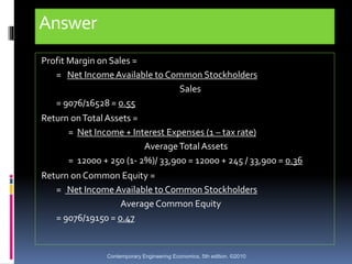 Answer
Profit Margin on Sales =
= Net IncomeAvailable to Common Stockholders
Sales
= 9076/16528 = 0.55
Return onTotal Asse...