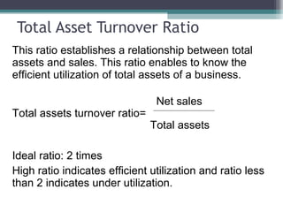 Total Asset Turnover Ratio
This ratio establishes a relationship between total
assets and sales. This ratio enables to know the
efficient utilization of total assets of a business.
Net sales
Total assets turnover ratio=
Total assets
Ideal ratio: 2 times
High ratio indicates efficient utilization and ratio less
than 2 indicates under utilization.
 