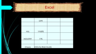 GPR
HUL 19.80%
INDUSTRY 17%
Check IF(F5>F6,TRUE,FALSE)
Excel
 