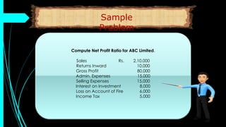 Compute Net Profit Ratio for ABC Limited.
Sales Rs. 2,10,000
Returns Inward 10,000
Gross Profit 80,000
Admin. Expenses 15,000
Selling Expenses 15,000
Interest on Investment 8,000
Loss on Account of Fire 6,000
Income Tax 5,000
Sample
Problem
 