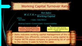 Working Capital Turnover Ratio
𝐴 = 𝜋𝑟2
= 𝜋𝑟2
𝑊. 𝐶. 𝑇. 𝑅. =
𝑁𝑒𝑡 𝑆𝑎𝑙𝑒𝑠
𝑊𝑜𝑟𝑘𝑖𝑛𝑔 𝐶𝑎𝑝𝑖𝑡𝑎𝑙
where,
Net Sales = Sales – Sales Return
Working Capital = Current Assets – Current Liabilities
 Ratio indicates working capital management of the company
 Indicates how efficiently company is using capital to generate sale
 Higher WCTR shows company is generating lot of sales compared
to the money it uses to fund the sales
Cash, Accounts Receivable,
Inventory, Marketable Securities,
Prepaid Expenses, Other Liquid
Assets, etc.
Short Term Debt, Accounts
payable, Accrued Liabilities Other
Debts, etc.
 