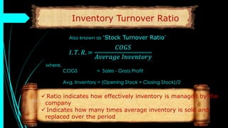 Inventory Turnover Ratio
Also known as ‘Stock Turnover Ratio’
where,
COGS = Sales - Gross Profit
Avg. Inventory = (Opening Stock + Closing Stock)/2
 Ratio indicates how effectively inventory is managed by the
company
 Indicates how many times average inventory is sold and
replaced over the period
𝐼. 𝑇. 𝑅. =
𝐶𝑂𝐺𝑆
𝐴𝑣𝑒𝑟𝑎𝑔𝑒 𝐼𝑛𝑣𝑒𝑛𝑡𝑜𝑟𝑦
 
