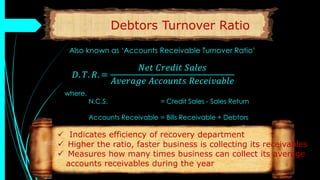 Debtors Turnover Ratio
Also known as ‘Accounts Receivable Turnover Ratio’
𝐷. 𝑇. 𝑅. =
𝑁𝑒𝑡 𝐶𝑟𝑒𝑑𝑖𝑡 𝑆𝑎𝑙𝑒𝑠
𝐴𝑣𝑒𝑟𝑎𝑔𝑒 𝐴𝑐𝑐𝑜𝑢𝑛𝑡𝑠 𝑅𝑒𝑐𝑒𝑖𝑣𝑎𝑏𝑙𝑒
where,
N.C.S. = Credit Sales - Sales Return
Accounts Receivable = Bills Receivable + Debtors
 Indicates efficiency of recovery department
 Higher the ratio, faster business is collecting its receivables
 Measures how many times business can collect its average
accounts receivables during the year
 