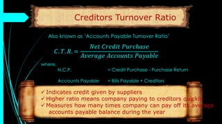 Creditors Turnover Ratio
Also known as ‘Accounts Payable Turnover Ratio’
𝐶. 𝑇. 𝑅. =
𝑁𝑒𝑡 𝐶𝑟𝑒𝑑𝑖𝑡 𝑃𝑢𝑟𝑐ℎ𝑎𝑠𝑒
𝐴𝑣𝑒𝑟𝑎𝑔𝑒 𝐴𝑐𝑐𝑜𝑢𝑛𝑡𝑠 𝑃𝑎𝑦𝑎𝑏𝑙𝑒
where,
N.C.P. = Credit Purchase - Purchase Return
Accounts Payable = Bills Payable + Creditors
 Indicates credit given by suppliers
 Higher ratio means company paying to creditors quickly
 Measures how many times company can pay off its average
accounts payable balance during the year
 