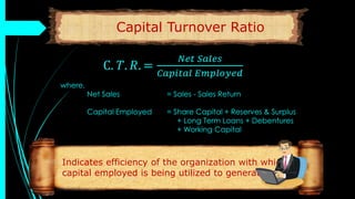 Capital Turnover Ratio
C. 𝑇. 𝑅. =
𝑁𝑒𝑡 𝑆𝑎𝑙𝑒𝑠
𝐶𝑎𝑝𝑖𝑡𝑎𝑙 𝐸𝑚𝑝𝑙𝑜𝑦𝑒𝑑
where,
Net Sales = Sales - Sales Return
Capital Employed = Share Capital + Reserves & Surplus
+ Long Term Loans + Debentures
+ Working Capital
Indicates efficiency of the organization with which
capital employed is being utilized to generate revenue
 