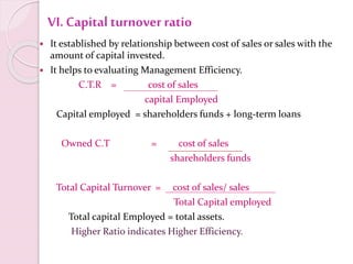 VI. Capital turnover ratio
 It established by relationship between cost of sales or sales with the
amount of capital invested.
 It helps to evaluating Management Efficiency.
C.T.R = cost of sales
capital Employed
Capital employed = shareholders funds + long-term loans
Owned C.T = cost of sales
shareholders funds
Total Capital Turnover = cost of sales/ sales
Total Capital employed
Total capital Employed = total assets.
Higher Ratio indicates Higher Efficiency.
 