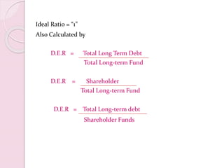 Ideal Ratio = “1”
Also Calculated by
D.E.R = Total Long Term Debt
Total Long-term Fund
D.E.R = Shareholder
Total Long-term Fund
D.E.R = Total Long-term debt
Shareholder Funds
 