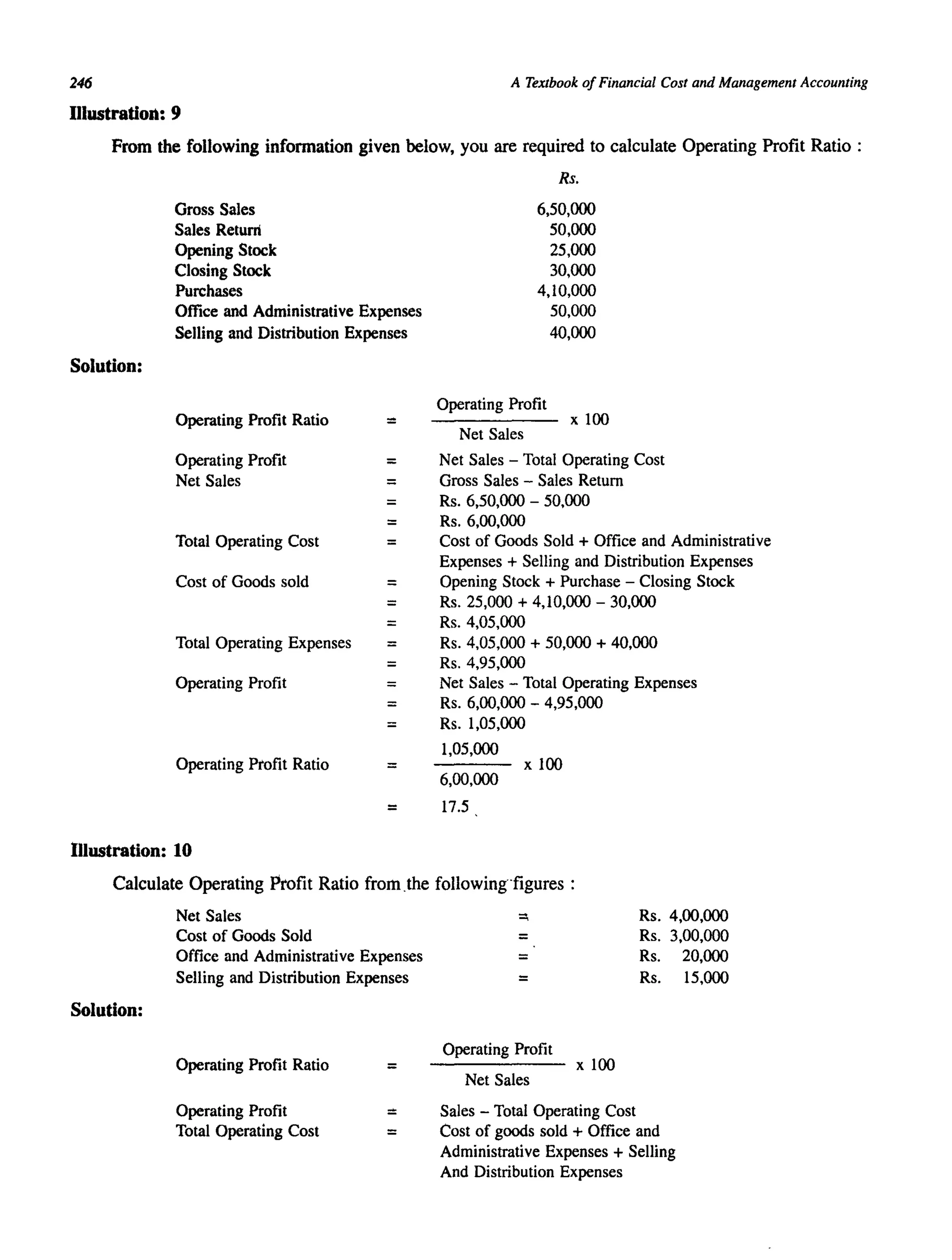 246
Illustration: 9
A Textbook ofFinancial Cost and Management Accounting
From the following information given below, you are required to calculate Operating Profit Ratio :
Solution:
Gross Sales
Sales Return
Opening Stock
Closing Stock
Purchases
Office and Administrative Expenses
Selling and Distribution Expenses
Operating Profit Ratio :::
Operating Profit =
Net Sales =
=
=
Total Operating Cost
Cost of Goods sold =
=
=
Total Operating Expenses
=
Operating Profit =
Operating Profit Ratio
Rs.
6,50,000
50,000
25,000
30,000
4,10,000
50,000
40,000
Operating Profit
x 100
Net Sales
Net Sales - Total Operating Cost
Gross Sales - Sales Return
Rs. 6,50,000 - 50,000
Rs. 6,00,000
Cost of Goods Sold + Office and Administrative
Expenses + Selling and Distribution Expenses
Opening Stock + Purchase - Closing Stock
Rs. 25,000 + 4,10,000 - 30,000
Rs. 4,05,000
Rs. 4,05,000 + 50,000 + 40,000
Rs. 4,95,000
Net Sales - Total Operating Expenses
Rs. 6,00,000 - 4,95,000
Rs. 1,05,000
1,05,000
x 100
6,00,000
= 17.5
llIustration: 10
Calculate Operating ~ofit Ratio frorn.the following "figures :
Solution:
Net Sales
Cost of Goods Sold
Office and Administrative Expenses
Selling and Distribution Expenses
Operating Profit Ratio
Operating Profit
Total Operating Cost
=
=
=
=
=
Operating Profit
x 100
Net Sales
Sales - Total Operating Cost
Rs. 4,00,000
Rs. 3,00,000
Rs. 20,000
Rs. 15,000
Cost of goods sold + Office and
Administrative Expenses + Selling
And Distribution Expenses
 