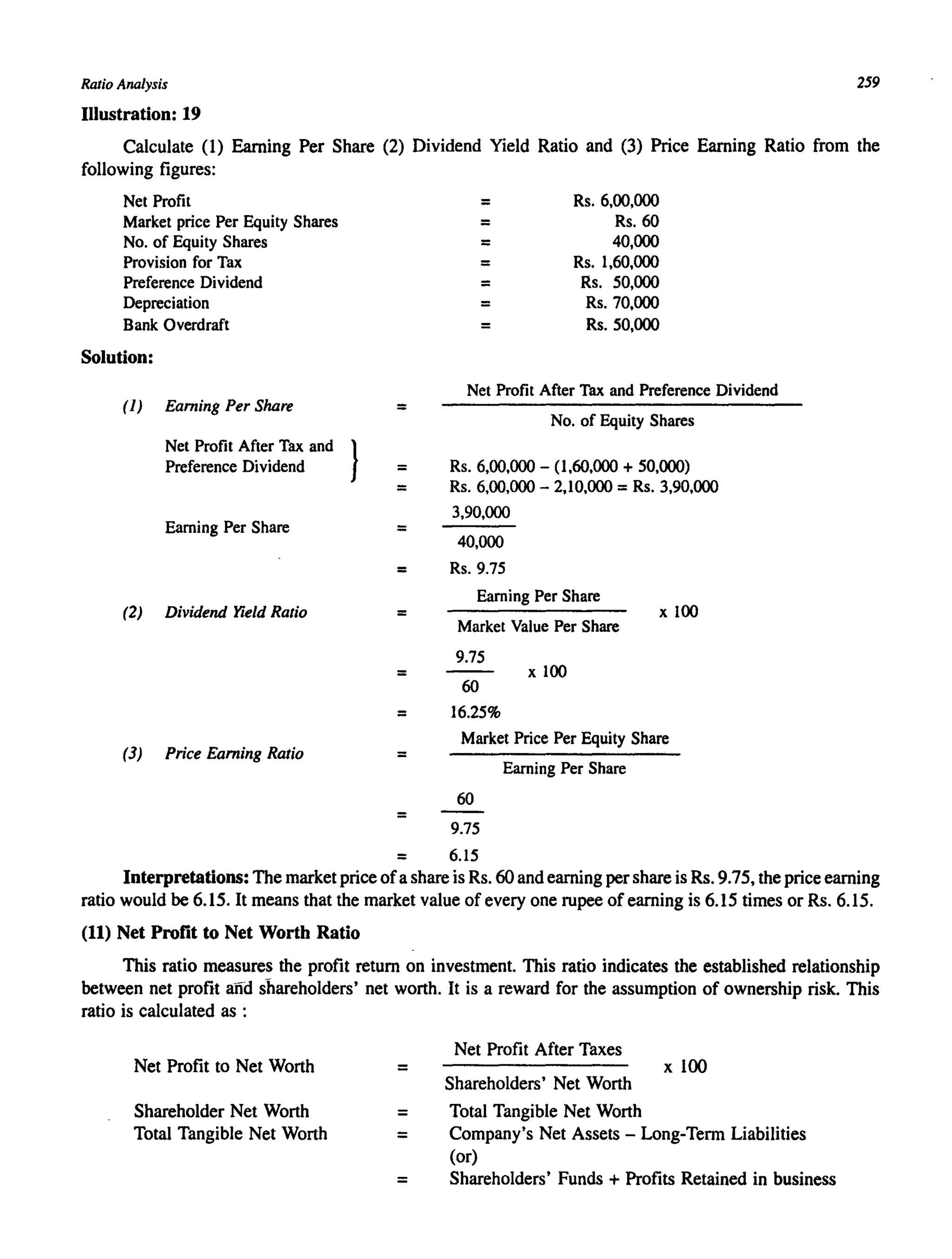 Ratio Analysis 259
Illustration: 19
Calculate (1) Earning Per Share (2) Dividend Yield Ratio and (3) Price Earning Ratio from the
following figures:
Net Profit
Market price Per Equity Shares
No. of Equity Shares
Provision for Tax
Preference Dividend
Depreciation
Bank Overdraft
Solution:
(1) Earning Per Share
Net Profit After Tax and }
Preference Dividend
Earning Per Share
(2) Dividend Yield Ratio
(3) Price Earning Ratio
---¥:;-- Rs. 6,00,000
= Rs. 60
= 40,000
= Rs. 1,60,000
= Rs. 50,000
= Rs.70,000
= Rs.50,000
Net Profit After Tax and Preference Dividend
= No. of Equity Shares
= Rs. 6,00,000 - (l,60,000 + 50,000)
= Rs. 6,00,000 - 2,10,000 =Rs. 3,90,000
3,90,000
= 40,000
= Rs.9.75
Earning Per Share
x 100=
Market Value Per Share
9.75
= x 100
60
= 16.25%
=
Market Price Per Equity Share
Earning Per Share
=
60
9.75
= 6.15
Interpretations: The market price ofa share is Rs. 60 and earning pershare is Rs. 9.75, the price earning
ratio would be 6.15. It means that the market value of every one rupee of earning is 6.15 times or Rs. 6.15.
(11) Net Profit to Net Worth Ratio
This ratio measures the profit return on investment. This ratio indicates the established relationship
between net profit and shareholders' net worth. It is a reward for the assumption of ownership risk. This
ratio is calculated as :
Net Profit to Net Worth
Shareholder Net Worth
Total Tangible Net Worth
=
=
=
=
Net Profit After Taxes
Shareholders' Net Worth
Total Tangible Net Worth
x 100
Company's Net Assets - Long-Term Liabilities
(or)
Shareholders' Funds + Profits Retained in business
 