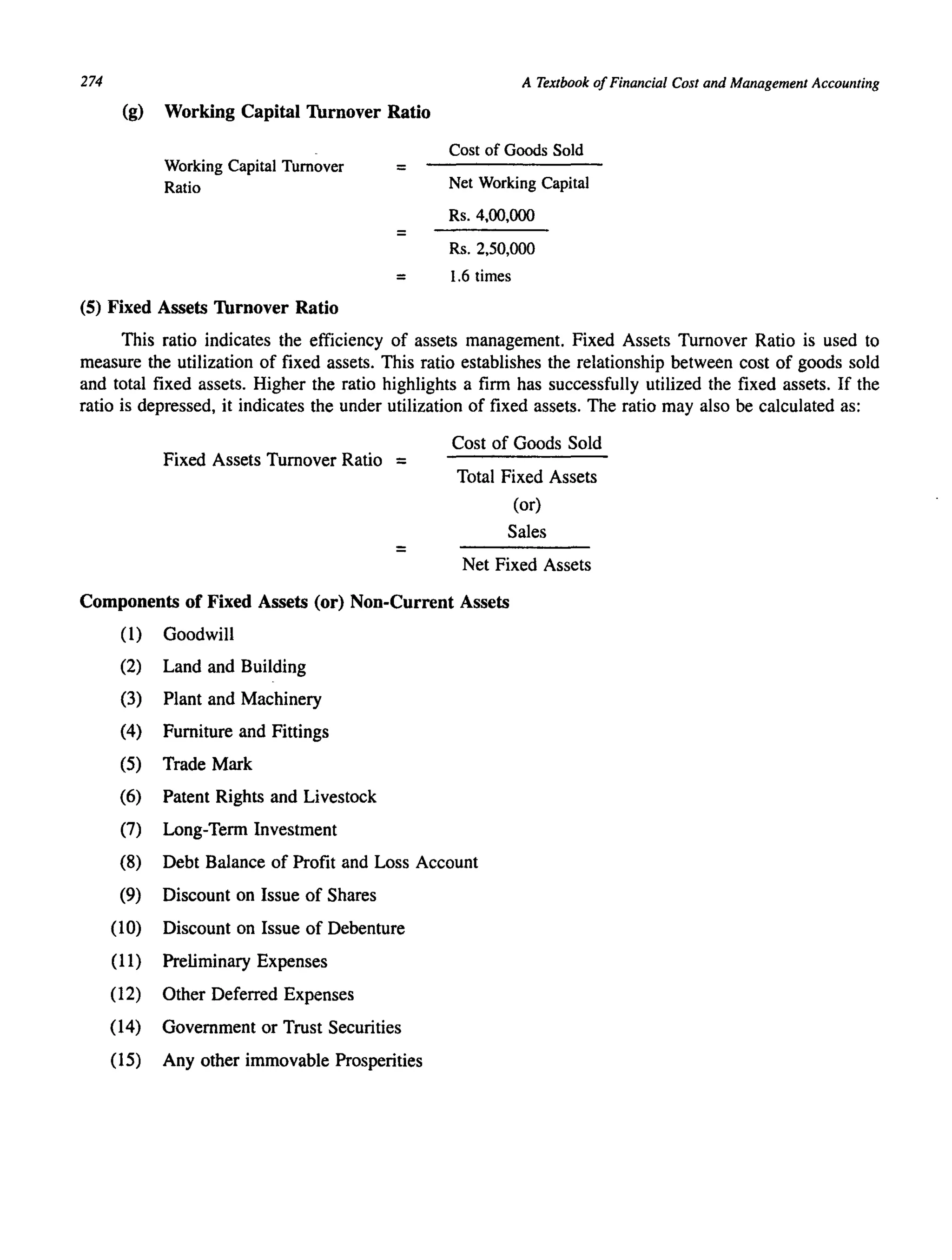 274 A Textbook ofFinancial Cost and Management Accounting
(g) Working Capital Thrnover Ratio
Working Capital Turnover
Ratio
=
=
Cost of Goods Sold
Net Working Capital
Rs. 4.00.000
Rs. 2.50,000
= 1.6 times
(5) Fixed Assets Thrnover Ratio
This ratio indicates the efficiency of assets management. Fixed Assets Turnover Ratio is used to
measure the utilization of fixed assets. This ratio establishes the relationship between cost of goods sold
and total fixed assets. Higher the ratio highlights a firm has successfully utilized the fixed assets. If the
ratio is depressed, it indicates the under utilization of fixed assets. The ratio may also be calculated as:
Fixed Assets Turnover Ratio =
=
Cost of Goods Sold
Total Fixed Assets
(or)
Sales
Net Fixed Assets
Components of Fixed Assets (or) Non-Current Assets
(1) Goodwill
(2) Land and Building
(3) Plant and Machinery
(4) Furniture and Fittings
(5) Trade Mark
(6) Patent Rights and Livestock
(7) Long-Term Investment
(8) Debt Balance of Profit and Loss Account
(9) Discount on Issue of Shares
(10) Discount on Issue of Debenture
(11) Preliminary Expenses
(12) Other Deferred Expenses
(14) Government or Trust Securities
(15) Any other immovable Prosperities
 