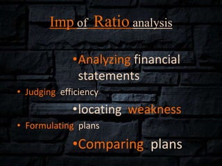 Imp of Ratio analysis
•Analyzing financial
statements
• Judging efficiency
•locating weakness
• Formulating plans
•Comparing plans
 