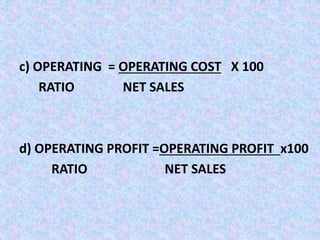 c) OPERATING = OPERATING COST X 100
RATIO NET SALES
d) OPERATING PROFIT =OPERATING PROFIT x100
RATIO NET SALES
 