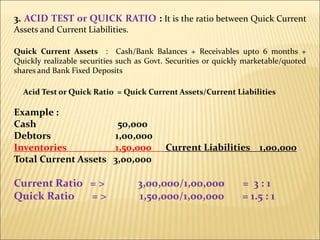 3. ACID TEST or QUICK RATIO : It is the ratio between Quick Current
Assets and Current Liabilities.
Quick Current Assets : Cash/Bank Balances + Receivables upto 6 months +
Quickly realizable securities such as Govt. Securities or quickly marketable/quoted
shares and Bank Fixed Deposits
Acid Test or Quick Ratio = Quick Current Assets/Current Liabilities
Example :
Cash 50,000
Debtors 1,00,000
Inventories 1,50,000 Current Liabilities 1,00,000
Total Current Assets 3,00,000
Current Ratio = > 3,00,000/1,00,000 = 3 : 1
Quick Ratio = > 1,50,000/1,00,000 = 1.5 : 1
 