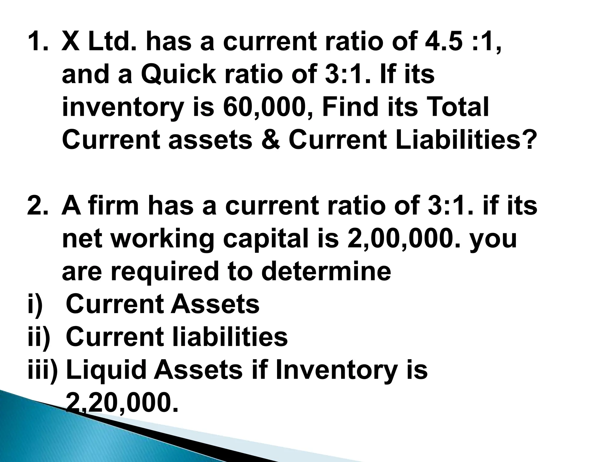 1. X Ltd. has a current ratio of 4.5 :1,
and a Quick ratio of 3:1. If its
inventory is 60,000, Find its Total
Current assets & Current Liabilities?
2. A firm has a current ratio of 3:1. if its
net working capital is 2,00,000. you
are required to determine
i) Current Assets
ii) Current liabilities
iii) Liquid Assets if Inventory is
2,20,000.
 