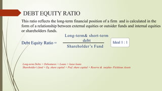 This ratio reflects the long-term financial position of a firm and is calculated in the
form of a relationship between external equities or outsider funds and internal equities
or shareholders funds.
DEBT EQUITY RATIO
Debt Equity Ratio =
Long-term& short-term
debt
Shareholder’s Fund
Ideal 1 : 1
Long-term Debts = Debentures + Loans + lease loans
Shareholder’s fund = Eq. share capital + Pref. share capital + Reserve & surplus- Fictitious Assets
 
